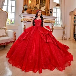 2024 Red Shiny Quinceanera Dress Ball Gown Bride Robe Sweet 16 Dress Applique Lace Beads Bridal Dresses Vestidos 15 De