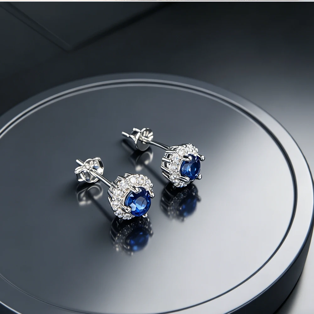 Trendy Natural Sapphire Stud Earrings Sterling 925 Silver Gemstone 4mm for Women Birthday Party Gift Fine Jewelry Luck Stone