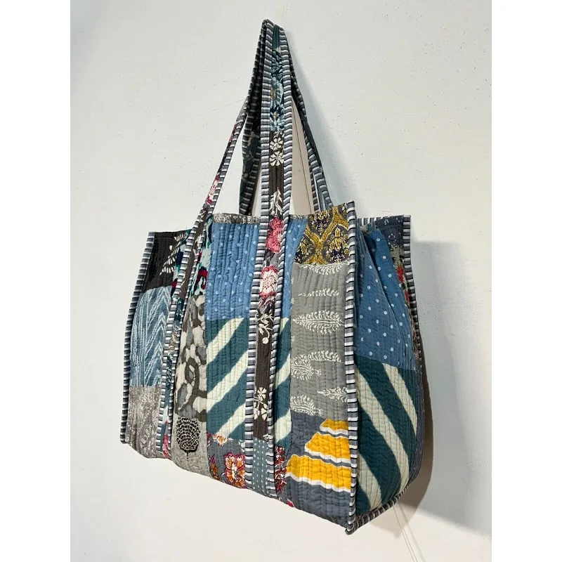 Indian Grey Patchwork Quilted Shoulder Bag Women's Beach 100% Cotton Handbag