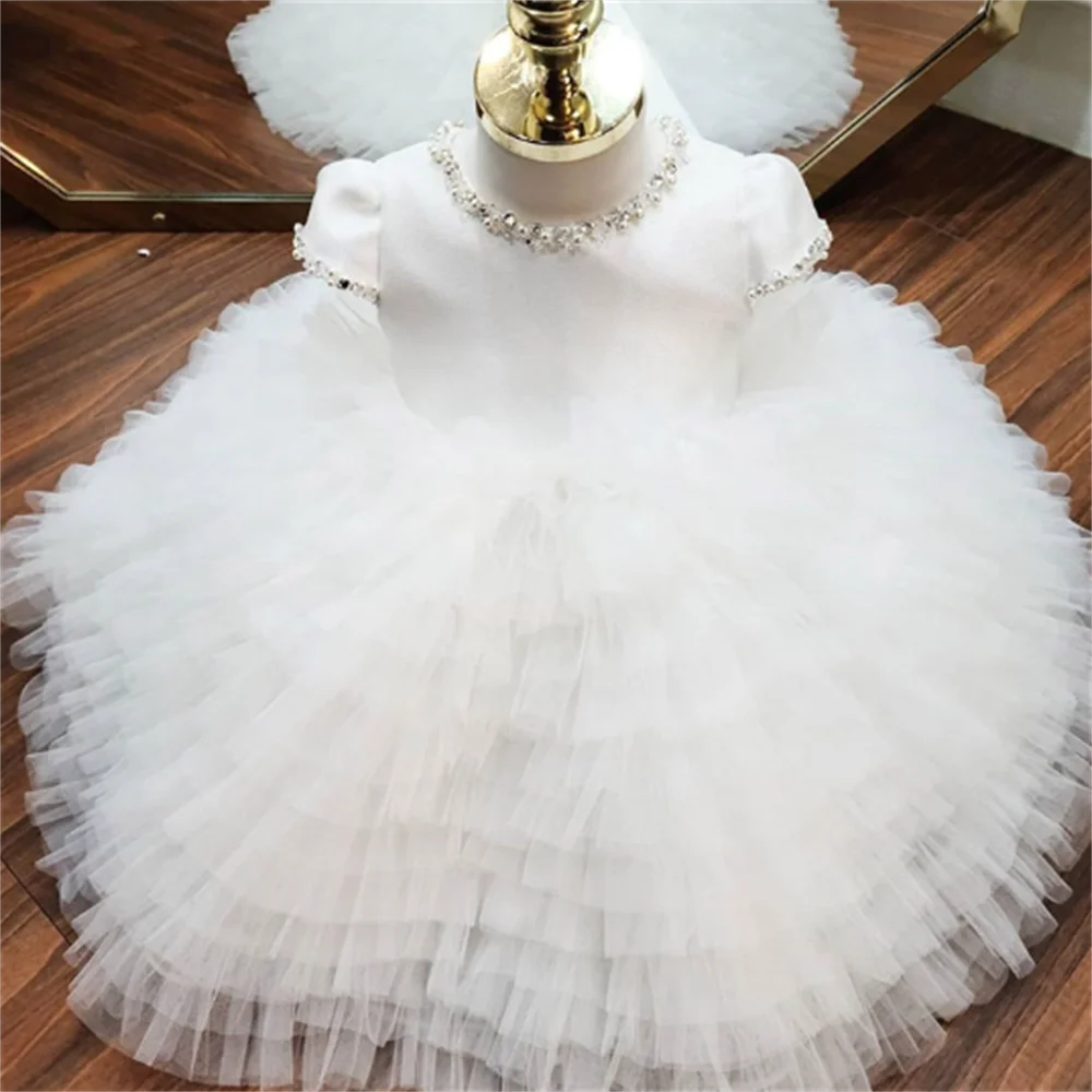 White Girl Dresses for Weddings Tulle Princess bead Gauze cake Gowns Party Pageant Dress For Girls
