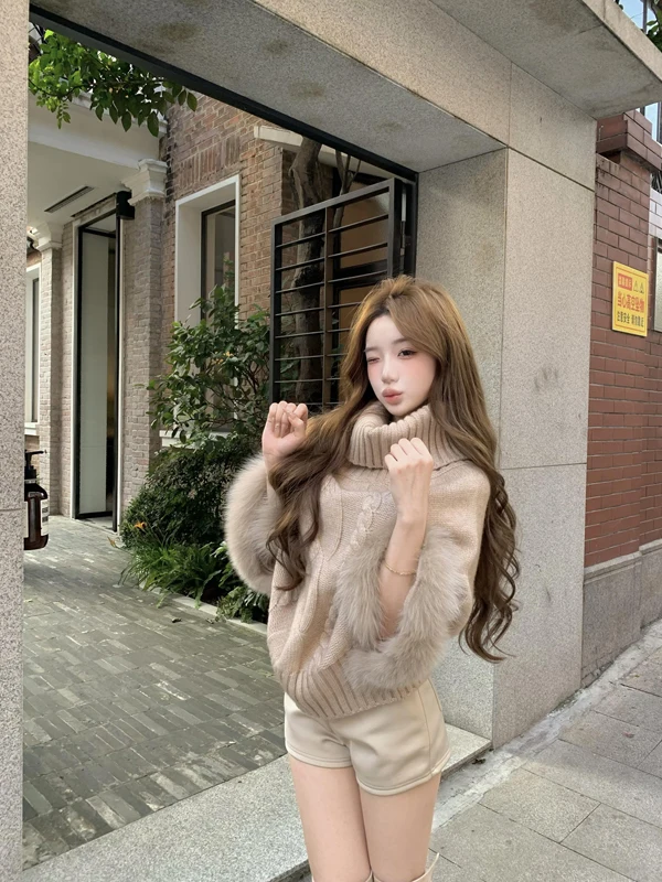 Shoulder-Baring  Fur Knit Sweater Women's Autumn Winter Casual Style High Neck Short Thickened Long Sleeve Knitted Coat