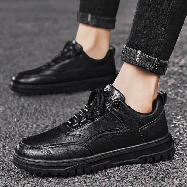 Zapatos deportivos de moda para estudiantes, zapatos de tablero casuales para hombres, versión coreana, zapatos de cuero PU negro con cordones, Otoño, nuevo