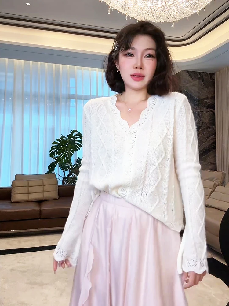 

Кардиган Lao Yang's Personal Sle Gentle Twist Knit из кашемира и мериноса с рукавами-колокол, винтажный, универсальный, вязаный, малого размера