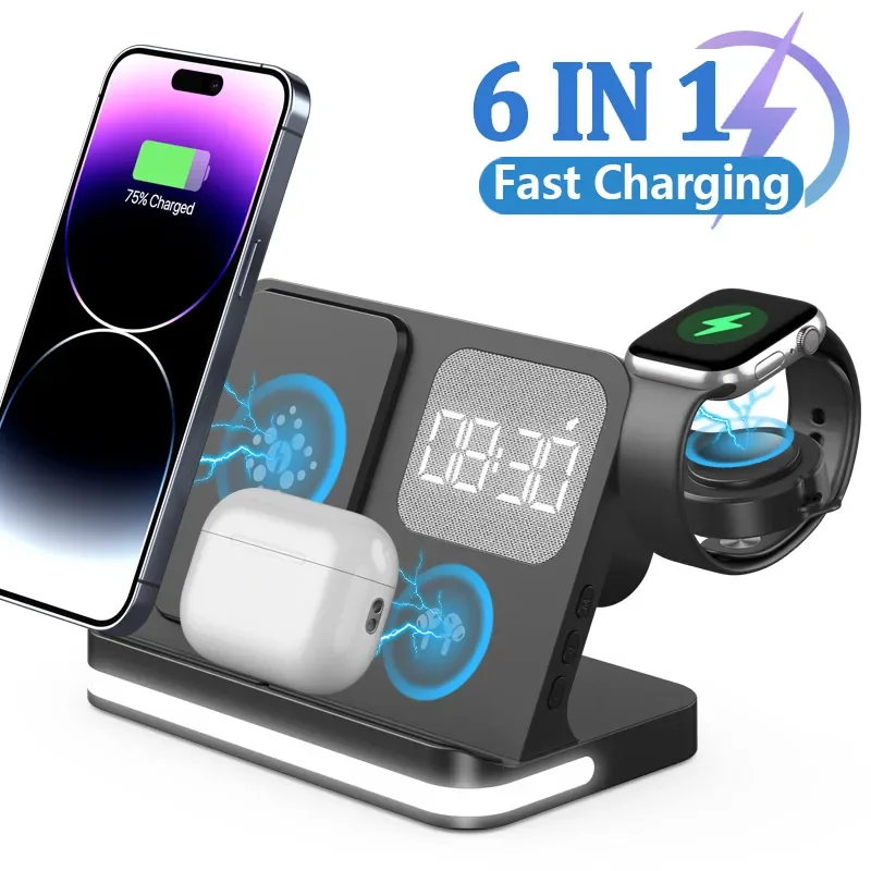 6 in 1 LED Fast Wireless Charger Stand Charging Station Clock Alarm For iPhone 15 14 13 12 11 Apple Watch 2-9 Series Airpods Pro