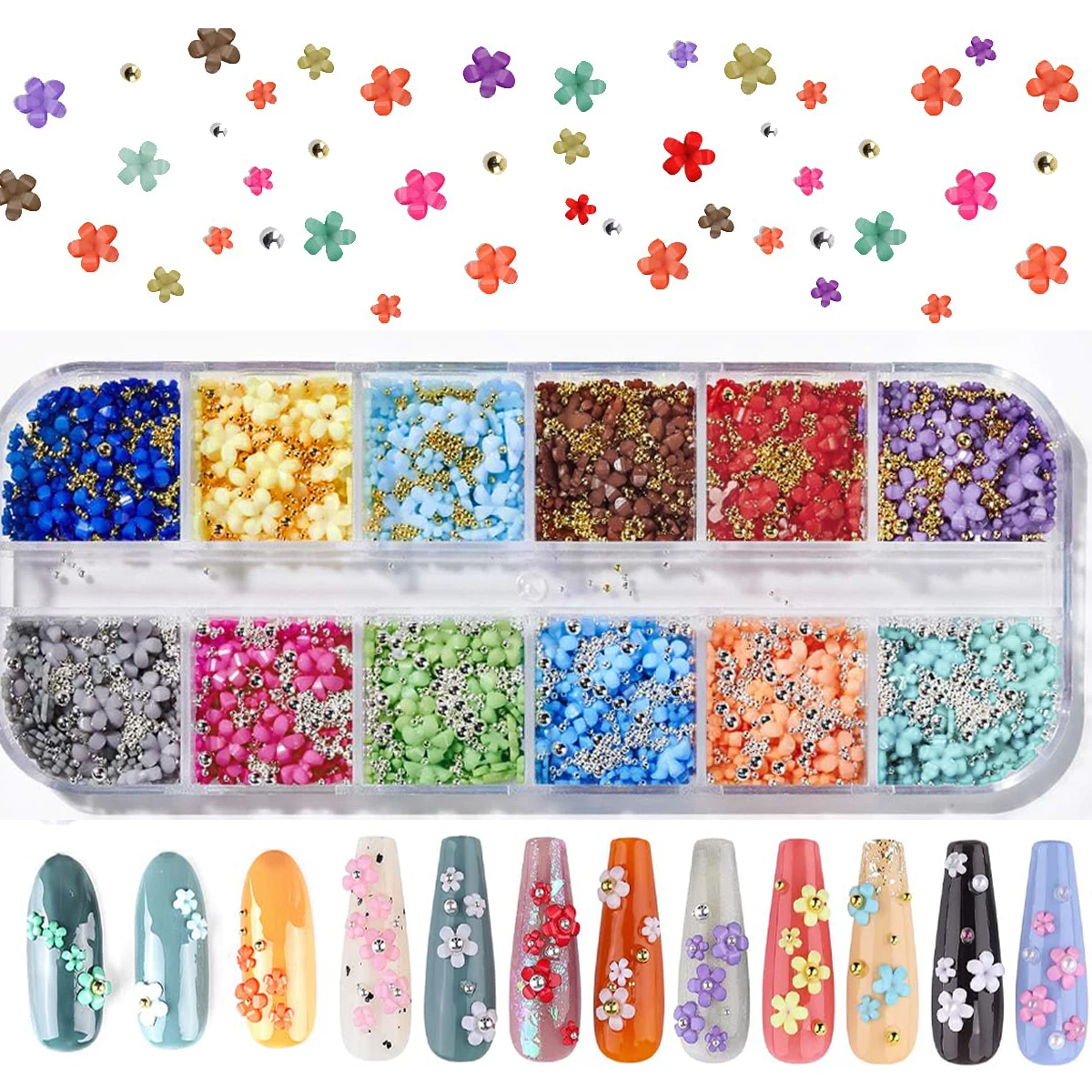 

12Grids Kawaii Acrylic Flower 3D Nail Art Resin Charms Gold Beads Caviar Mixed Floral Rhinestones Manicure Accessories