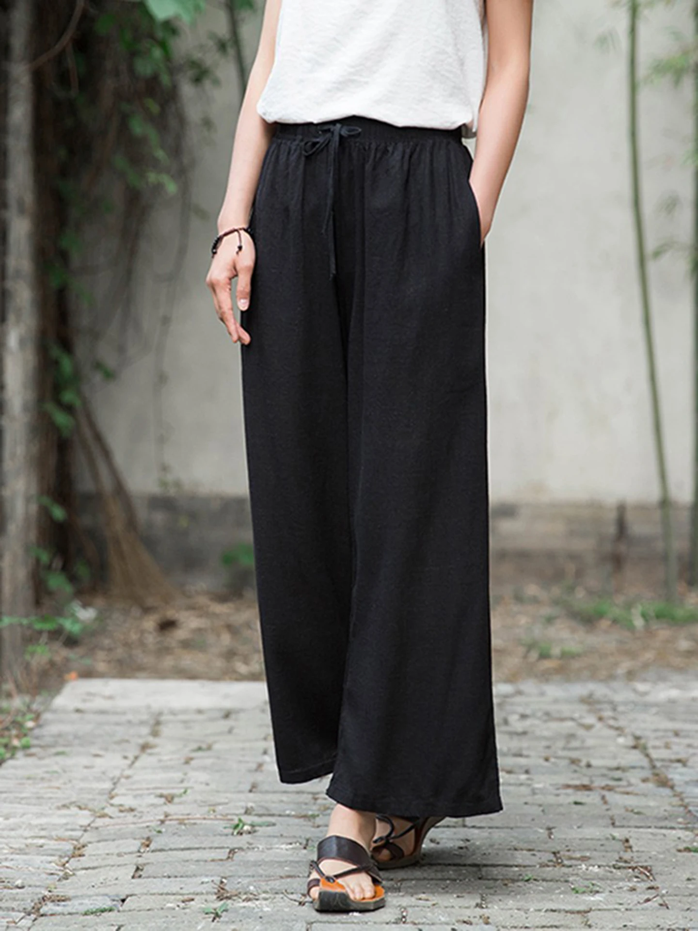 Cotton Linen Wide Leg Pants Women Summer New Loose Thin Drapey Casual Linen Straight Nine Points Pants Breathable Comfortable
