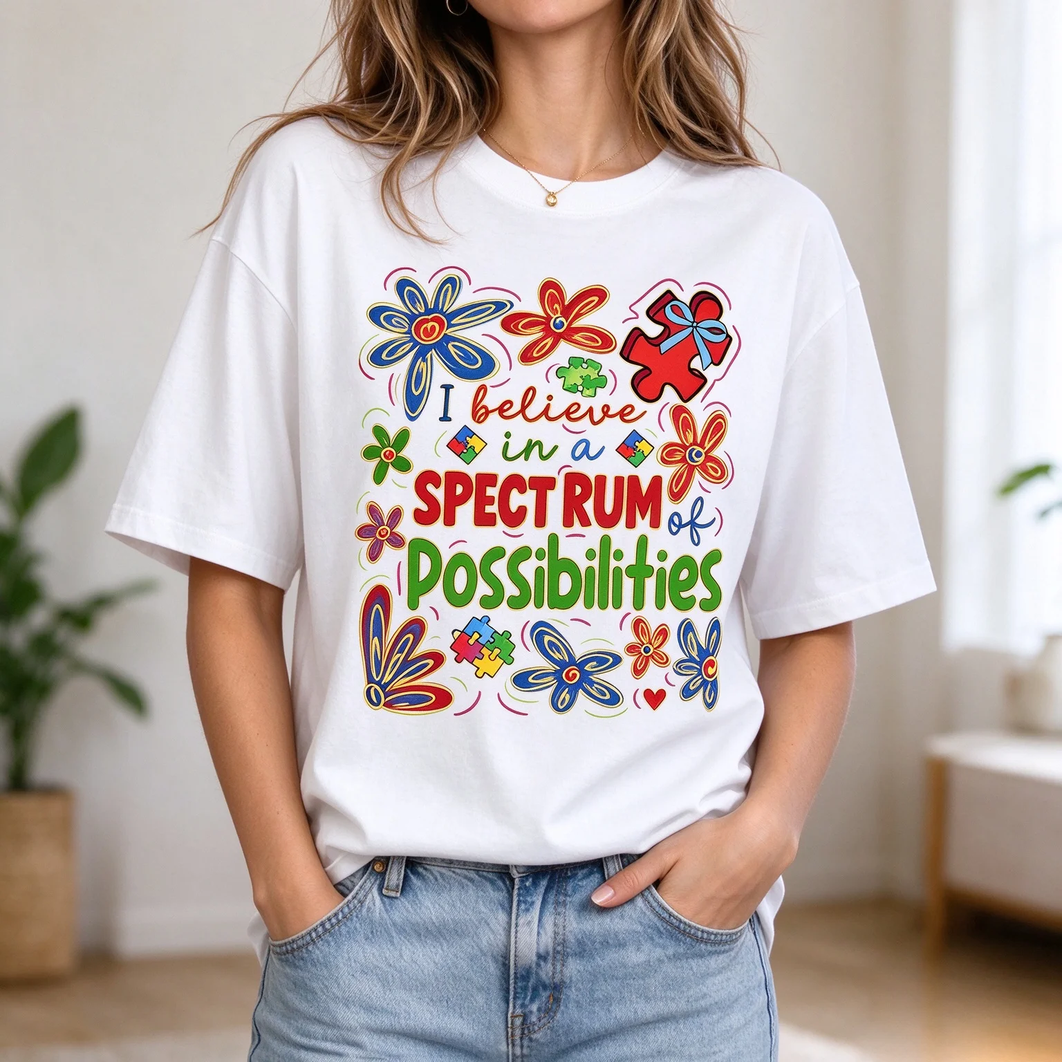 Women I Believe In A Spectrum Of Possibilities Graphic T Shirt Autism Puzzle Floral Print Short Sleeve Casual Tee Top