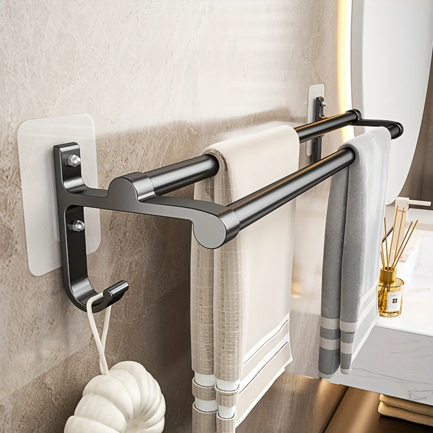 Space-Saving Double Rod Towel Rack with   Contemporary, Wall-Mounted Bathroom Organizer, No Electricity Required