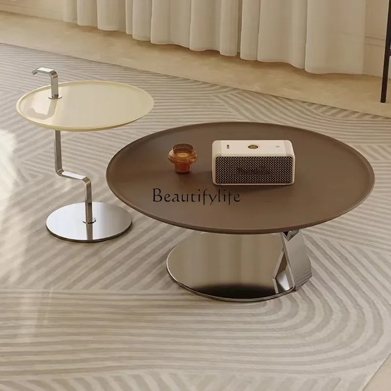 

minimalist retro round coffee table balcony stainless steel small apartment living room mini home