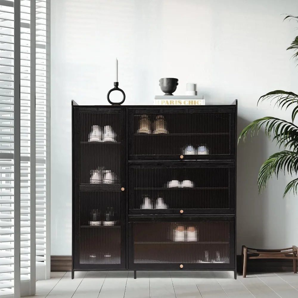 خزانة تخزين من 4 طبقات مع أبواب قابلة للطي، خزانة أحذية من الخيزران الروطان مع باب شفاف للممر، غرفة المعيشة، 100 * 33 * 110 #4