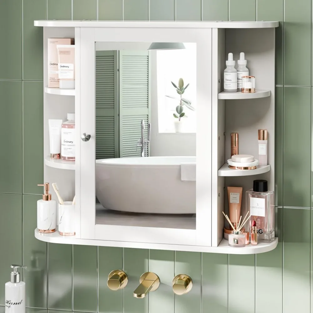 

Bathroom Mirror Cabinet, Medicine Cabinet Wall Mounted with Mirror and 6 Open Shelves, White Bathroom Wall Cabinets,