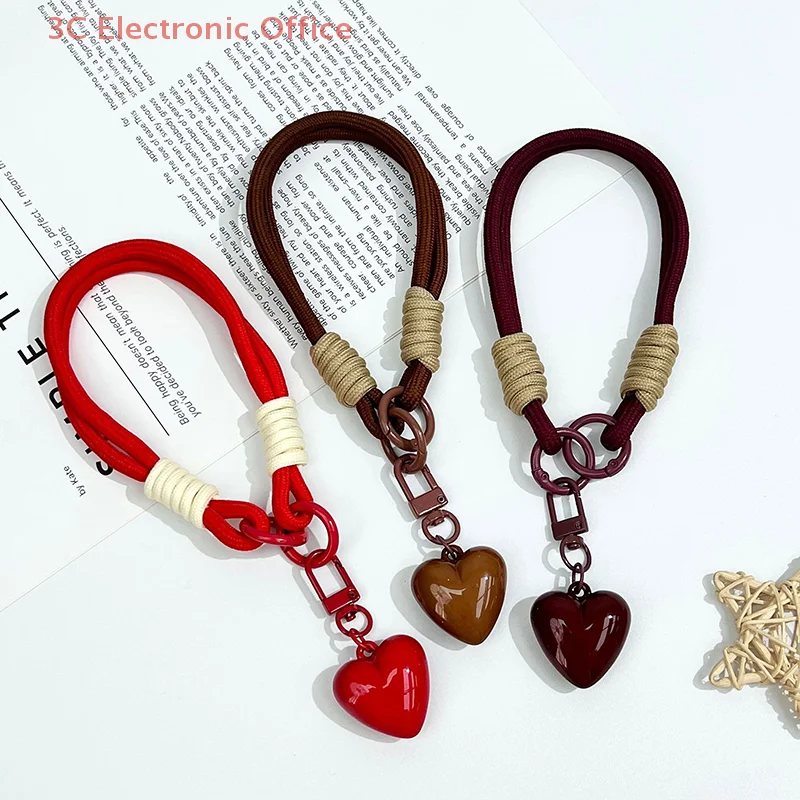 1 Piece Love Double Loop Short Braided Rope Phone Lanyard Hanging Chain Keychain Can Be Carried Twist Rope Anti-loss Pendant