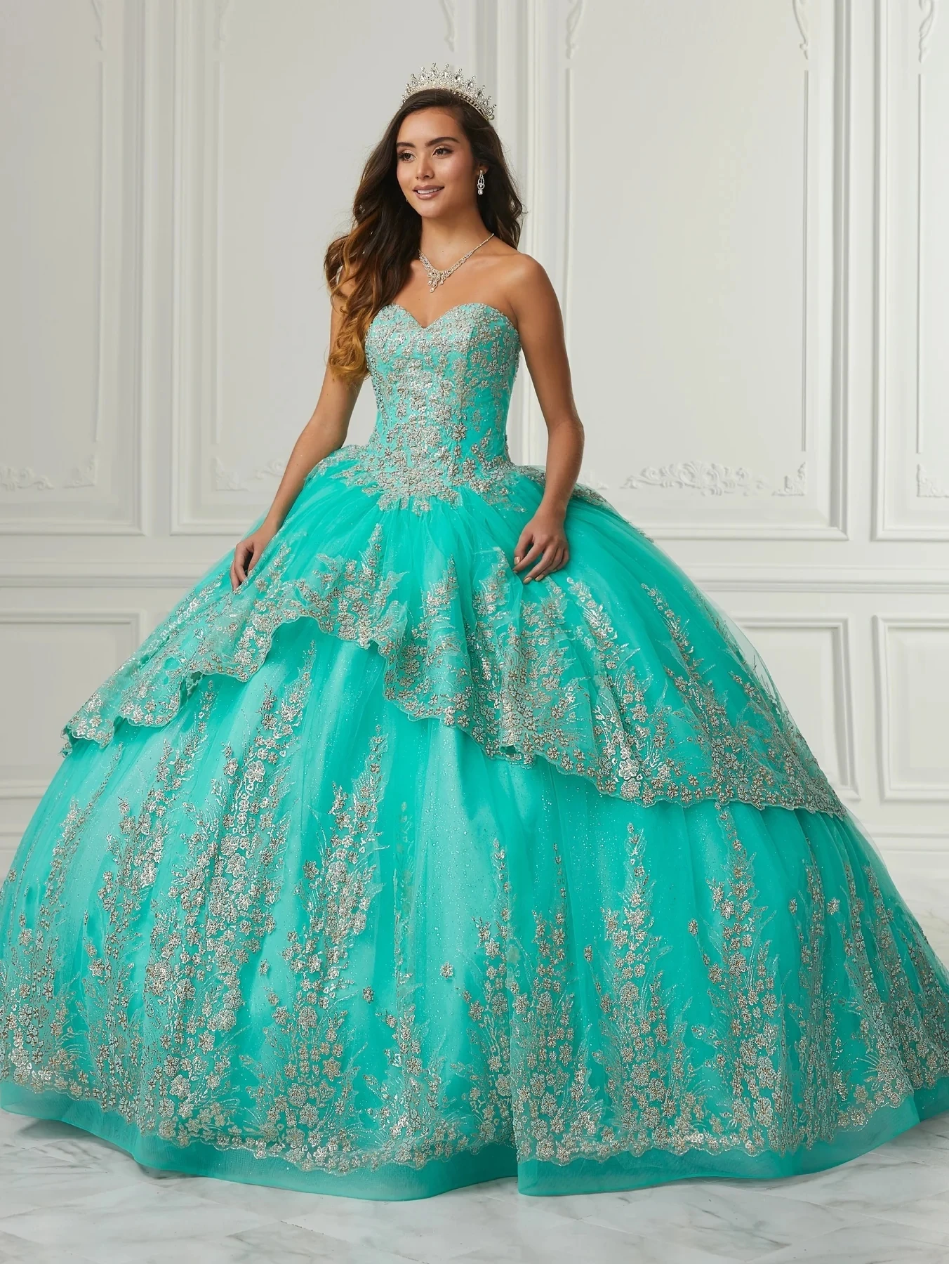 Verde menta Charro Quinceanera Vestidos Ball Gown Querida Tulle Lace Puffy Mexican Sweet 16 Vestidos 15 Anos