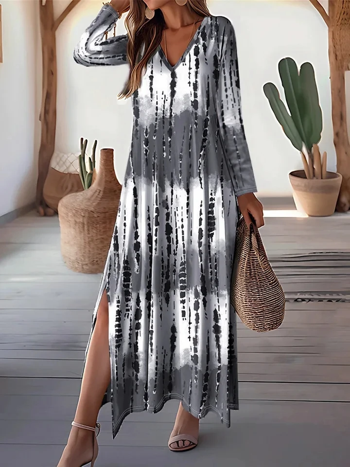 

2025 Abbigliamento Donna Evening Dresses V-neck Slit Long Sleeve Retro Print Beach Loose Beach Vacation Style Vestidos De Noche