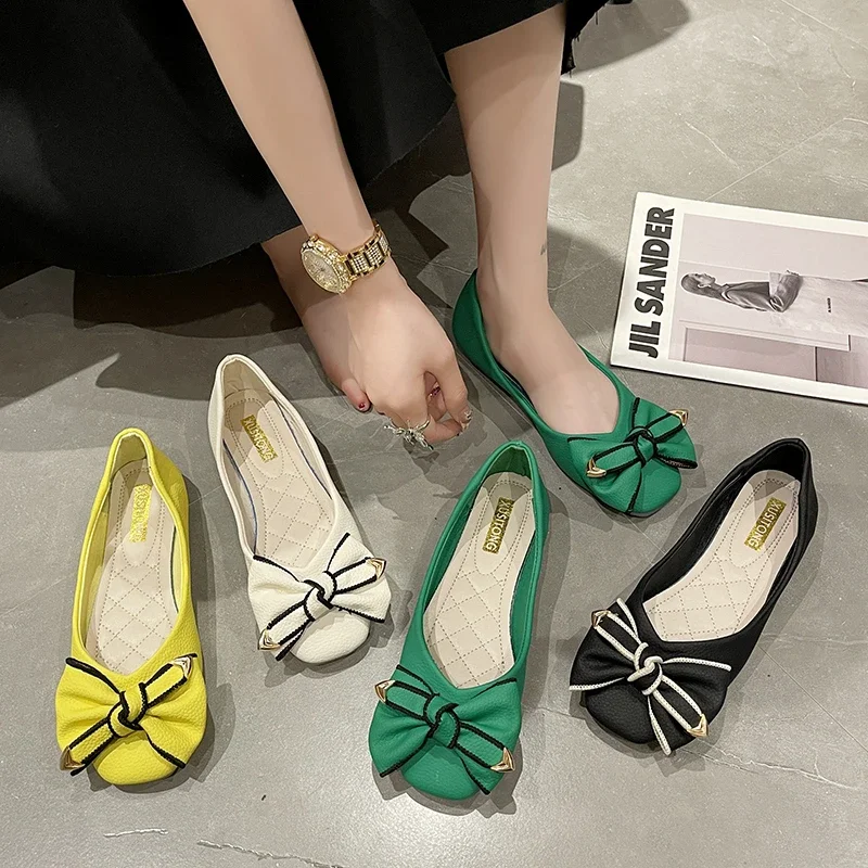 Western-style Green Bow Shoes Women\'s 2023 Spring and Autumn New Soft Bottom Comfortable All-match Shoes Loafers Women DRESS