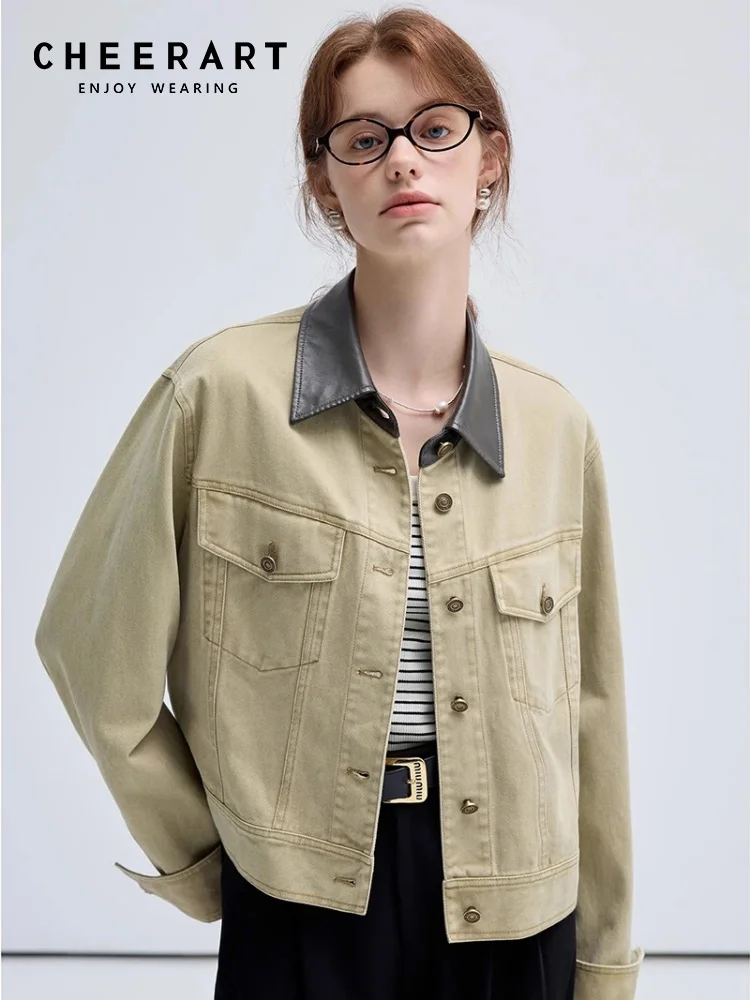 

Желтые джинсовые куртки CHEERART для женщин, осень 2024, джинсовая куртка на пуговицах, пальто, верхняя одежда с кожаным воротником, дизайнерская женская одежда