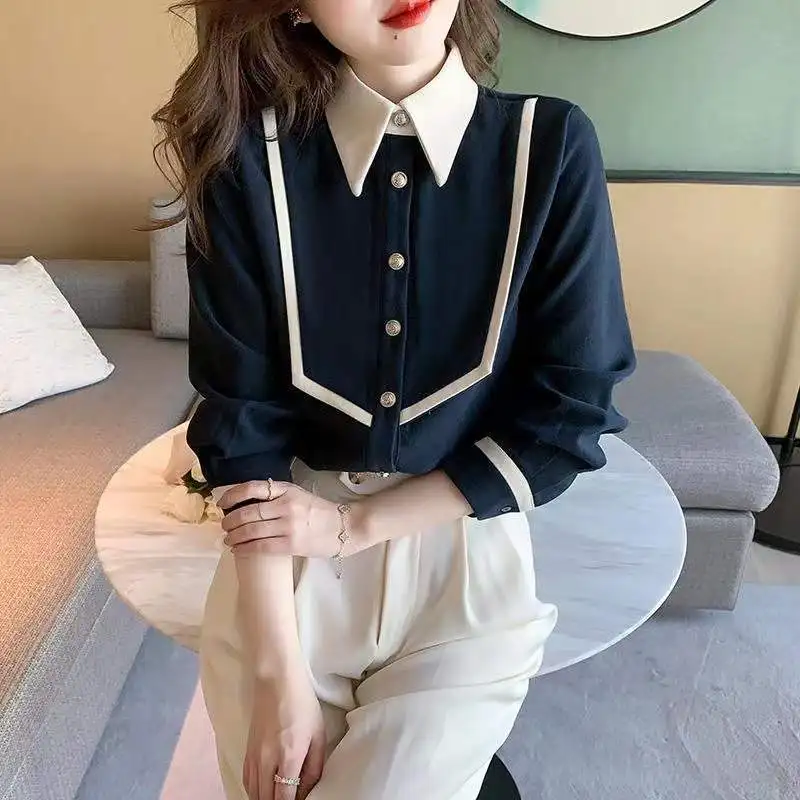 2024 Spring Autumn New Corduroy Retro POLO Collar Long Sleeve Shirt Women\'s Fashion Color Blocked Aging Temperament Top Trendy