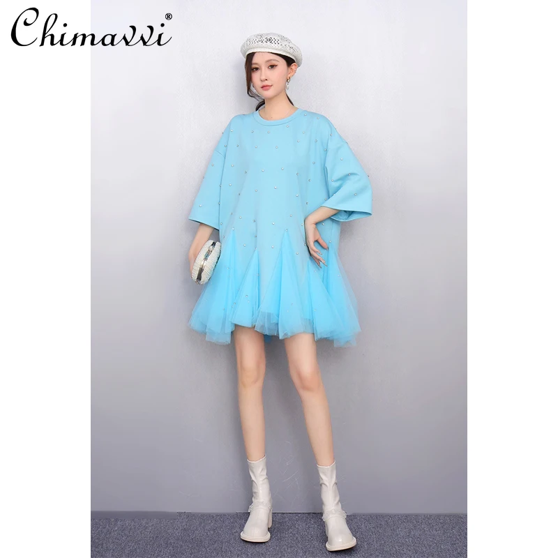 

2025 Summer New Women's Short Sleeve Dress Fashion Sweet Cool Girl Loose Large Size Nail Diamond Mesh High Street Short Dress