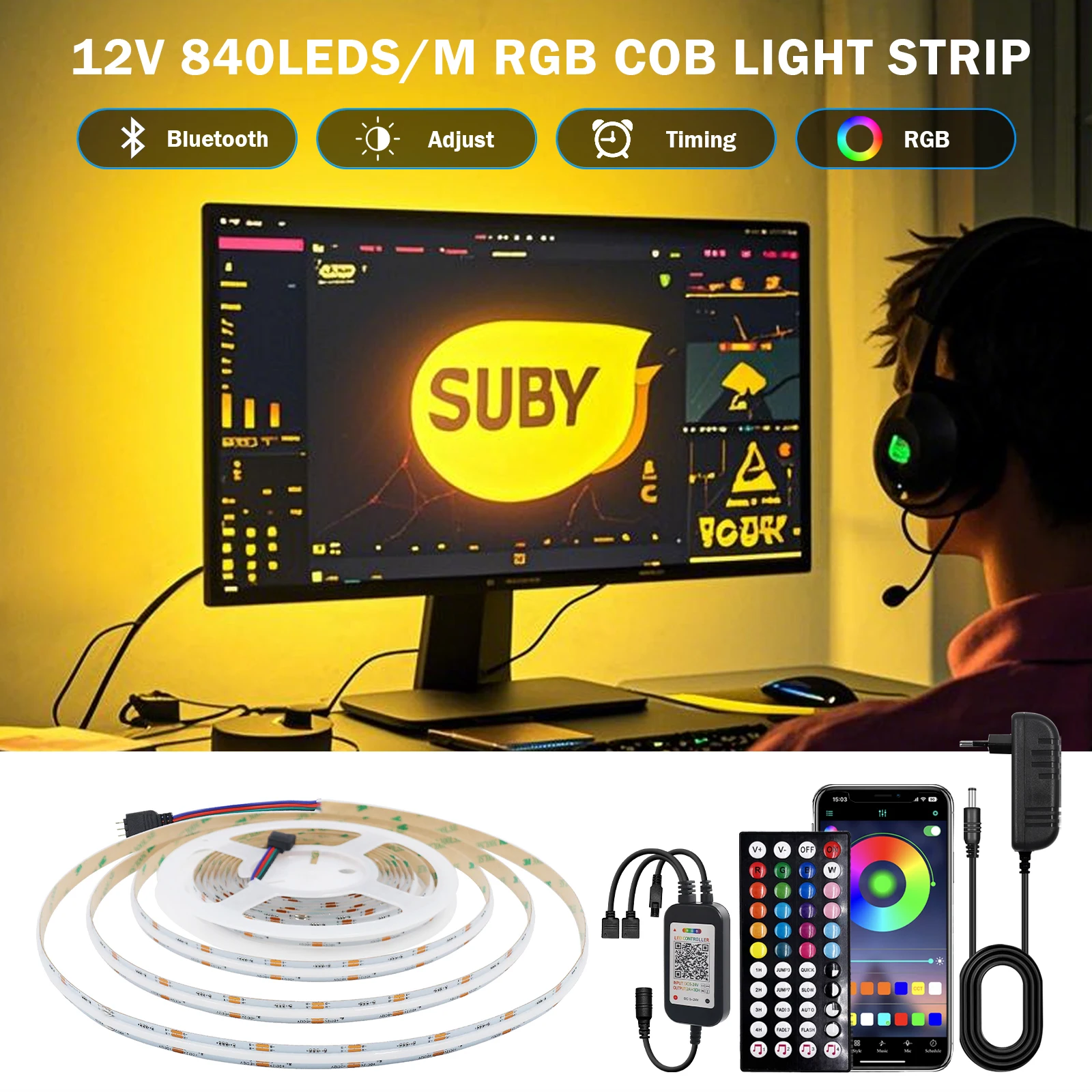 Tira de luz led cob bluetooth 840 leds rgb sonho fita flexível colorida dc12v 24v fita iluminação linear com controle remoto