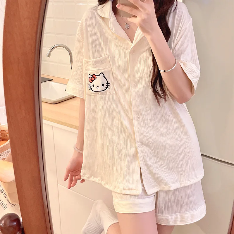 

Summer short-sleeved shorts KT cat cotton cardigan lapel girl pajamas cartoon printed female sweet home service suit