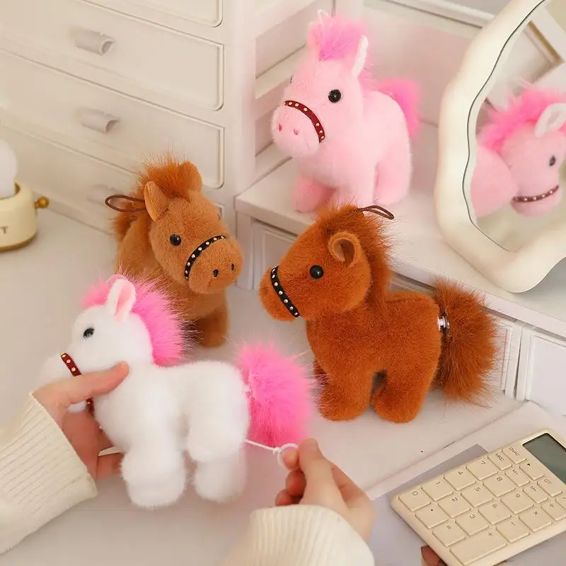 Cute Fluffy 12cm Pull Rope Wag Tail Horse Plush Toy Keychain Cartoon Soft Stuffed Doll Pendant Car Key Backpack Bag Accessories