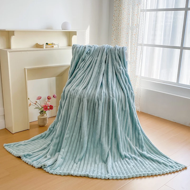 Fresh Striped Faux Rabbit Fur Blanket with Ribbed Craft, Multi-functional Throw Blanket, Suitable for All Seasons