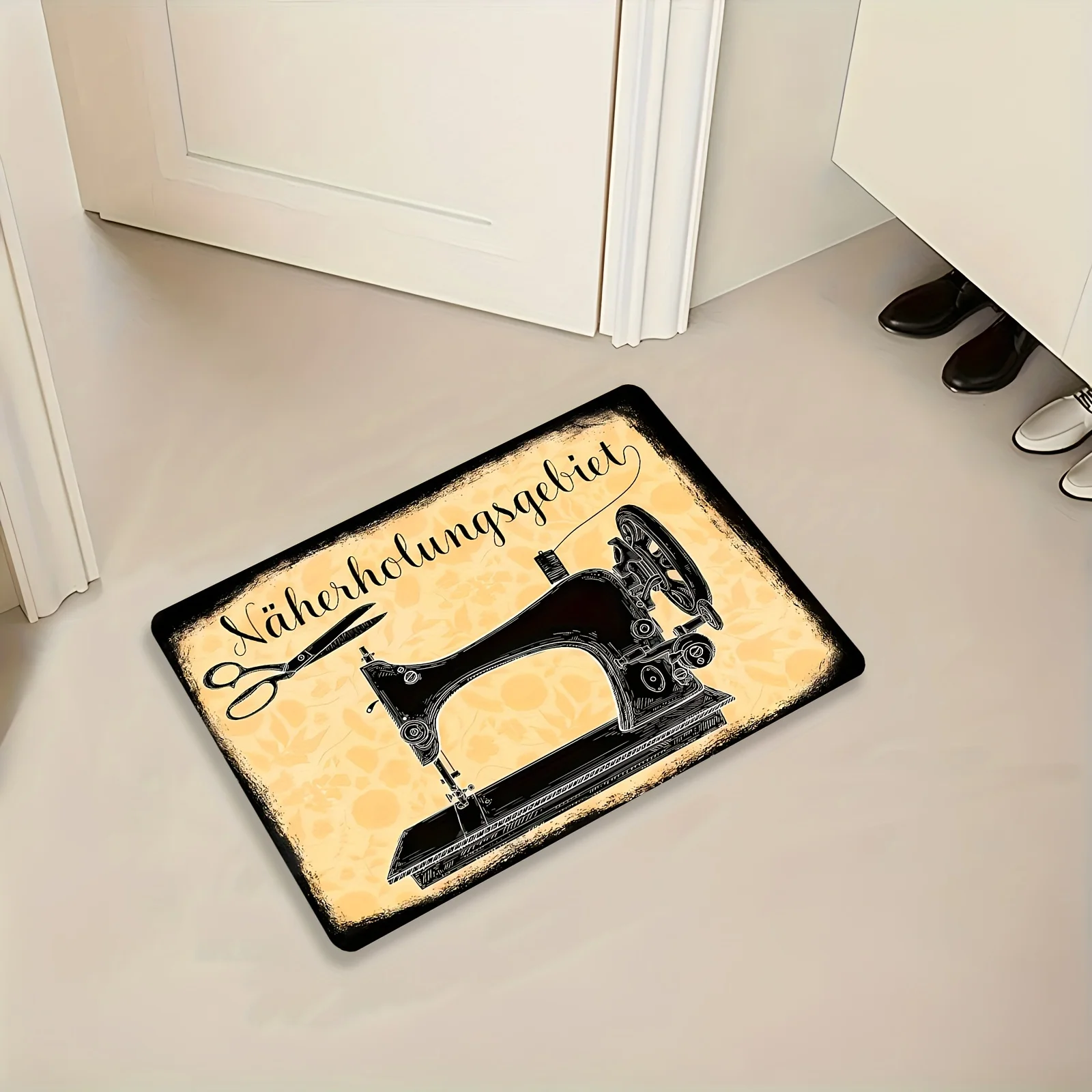 Retro Vintage Tailor Indoor Mat  Yellow Floral Background Sewing Machine Scissors German Letter Decorative Craft Room Doormat