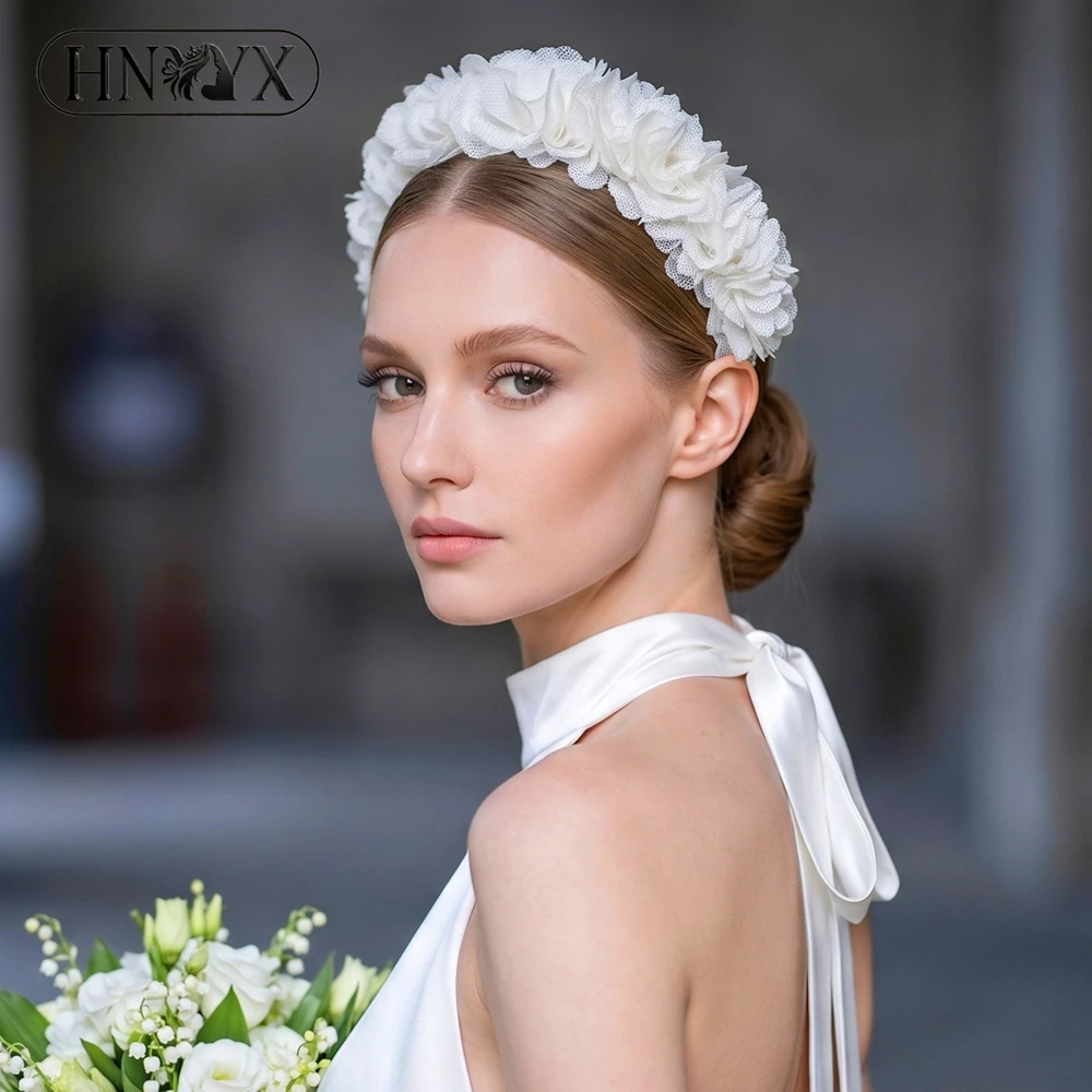 HNYYX Bridal White Flower Headband for Women Wedding Hair Accessories Wide Brim Non slip Hair Hoop for Bridesmaid Party A429