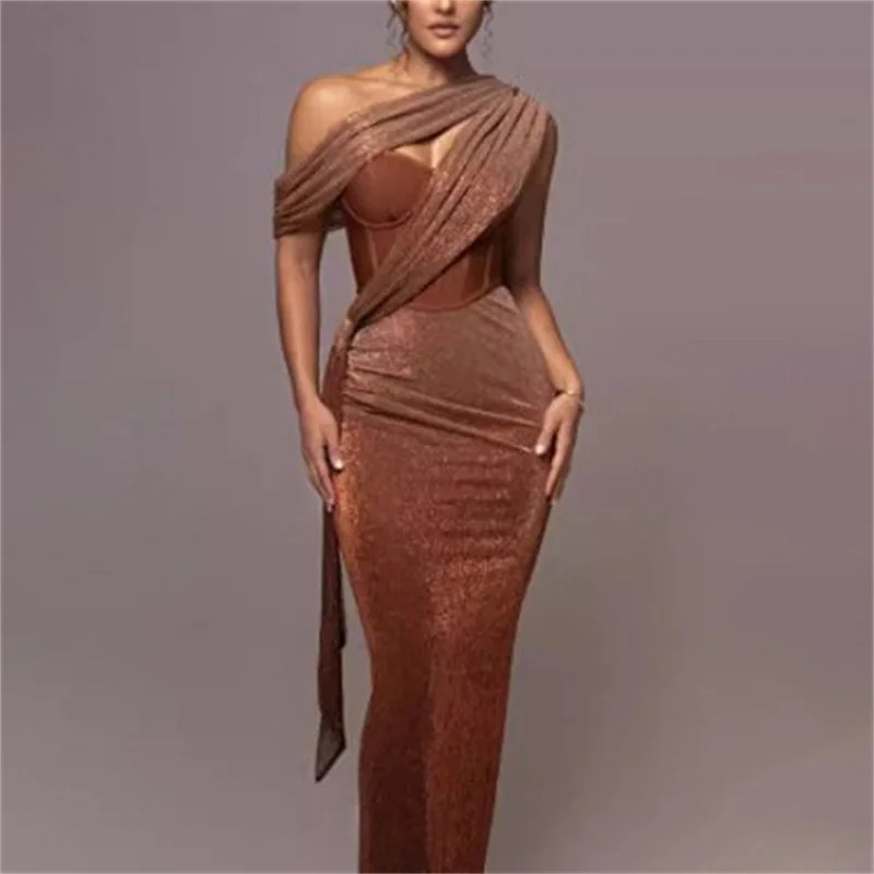 

Sexy Khaki Prom Dress One Shoulder Sleeveless Ruffles Long Sheath Party Bridal Gown Glitter Formal Guest Wedding Birthday Robe