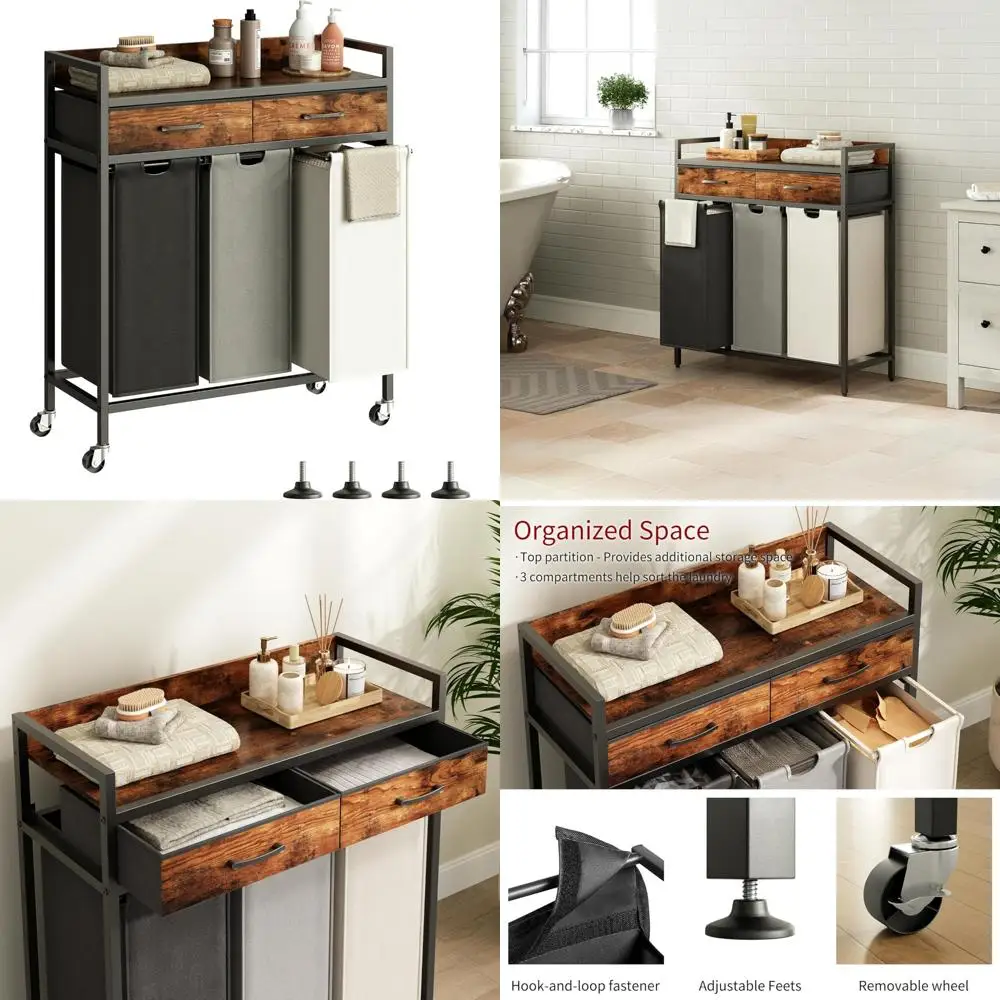 

Трехсекционная корзина для белья на колесиках с ящиками для хранения для эффективной сортировки и организации