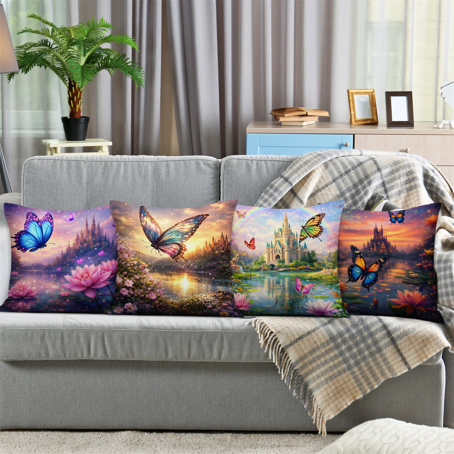 Dream Castle Butterfly Water Lily printing pillow cover Short plush Suitable living rooms bedrooms sofas throw cushion cover