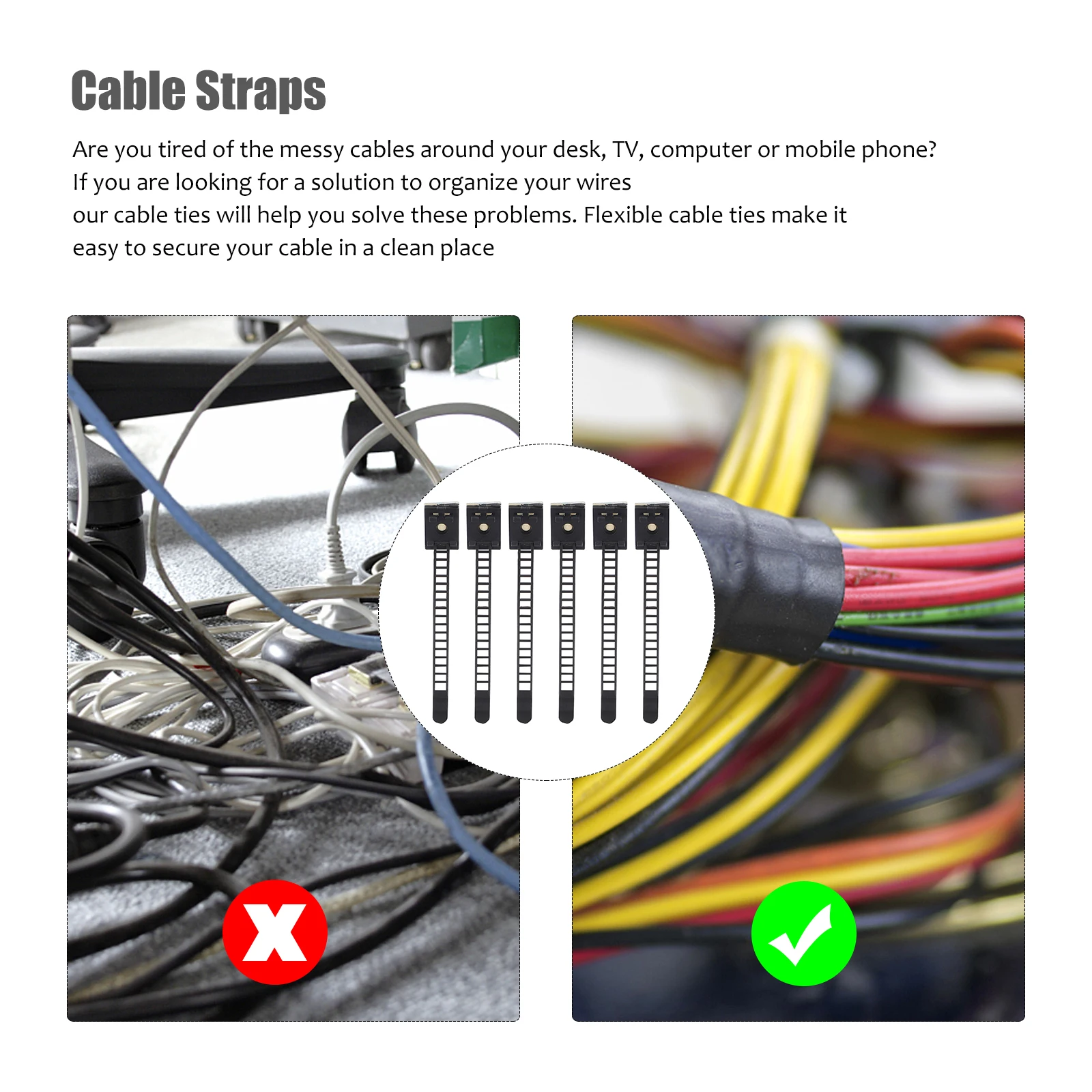 

50pcs Adjustable Wire Organizers Self-Adhesive Cable Clips For Home Office Car Durable Reusable Cable Management Cord Holder