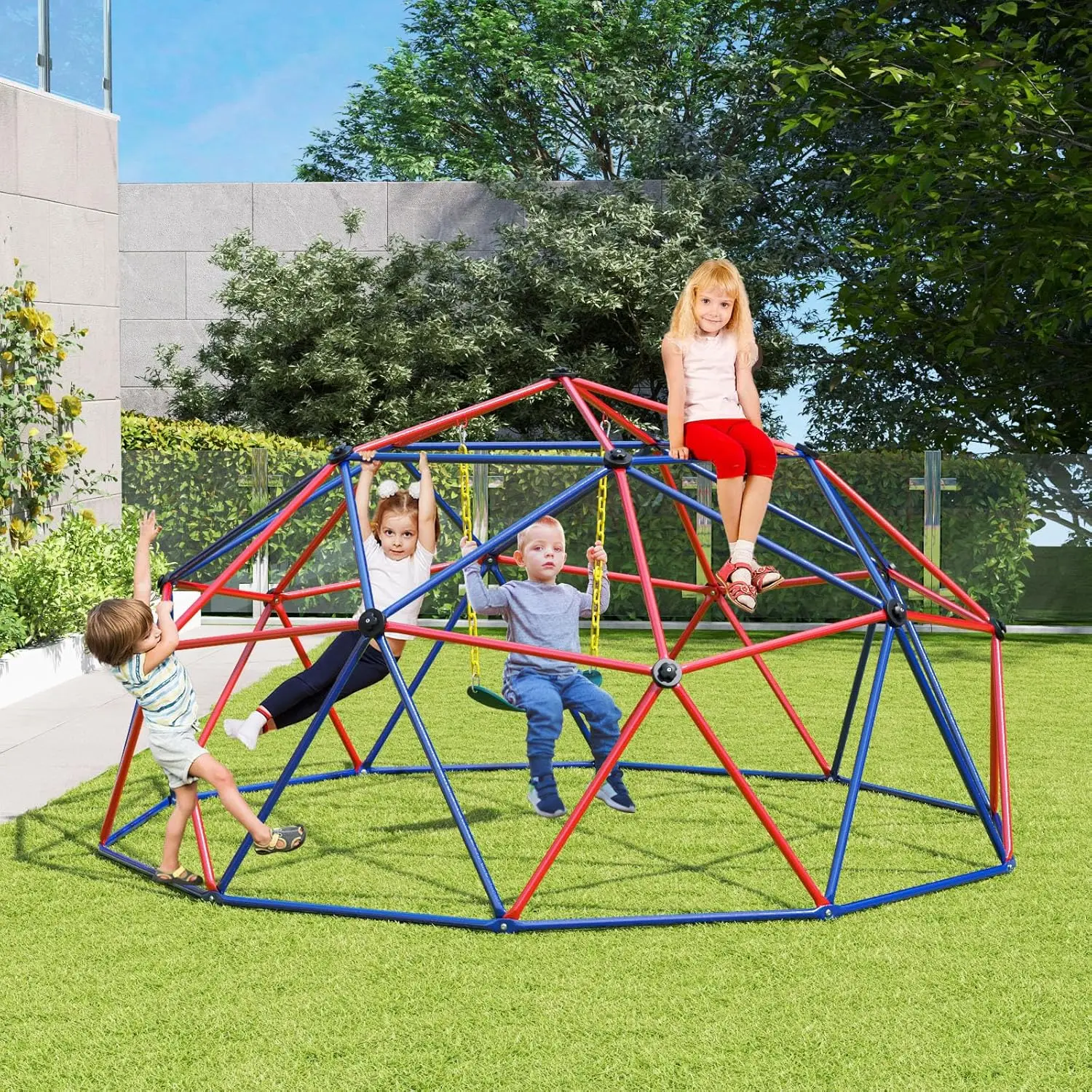 โดมปีนเขาพร้อมสวิง, 10FT Kids Jungle Gym Monkey Bar ของเล่นปีนเขาสําหรับกลางแจ้ง, รับน้ําหนักได้ถึง 800 ปอนด์, โดมเรขาคณิตในร่ม