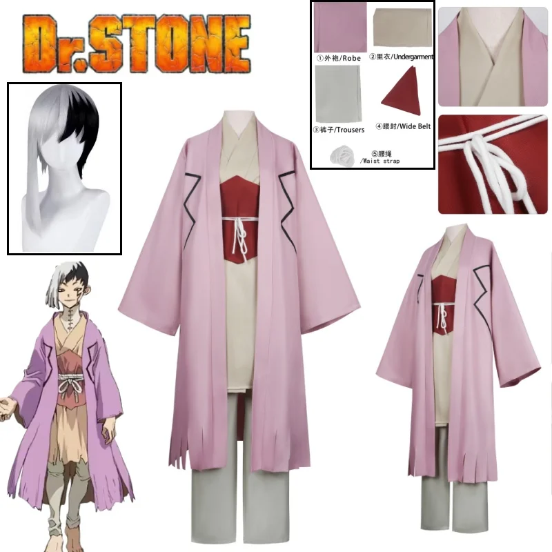 

Anime Dr.STONE Asagiri Gen Cosplay Costume Japanese Style Outfit Pink Kimono Robe Vest and Pants Wig Halloween Carnival Roleplay