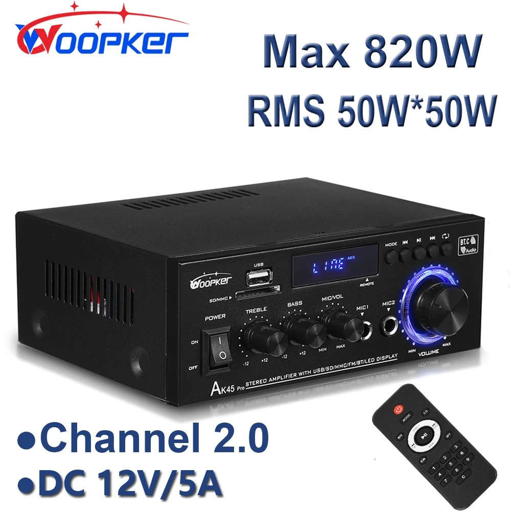 Woopker AK45 Pro High Fidelity Digital Amplifier Max Power 820w Channel2.0 Bluetooth Surround Sound Amplifier Digital Stereo