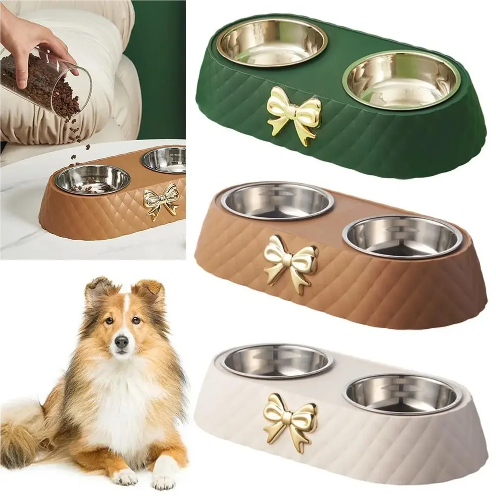 1Set Steel Double Dog Bowl Non-slip Bow Anti Spill Pet Bowl Sturdy Rust-resistant Pet Basin Feeder