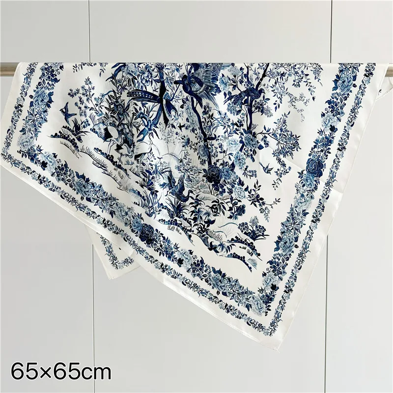 Spring/Summer Concise Flower&Bird Graphic Imitation Silk Neckerchief Outdoor Breathable Wraps for Women 70cm Print Square Scarf