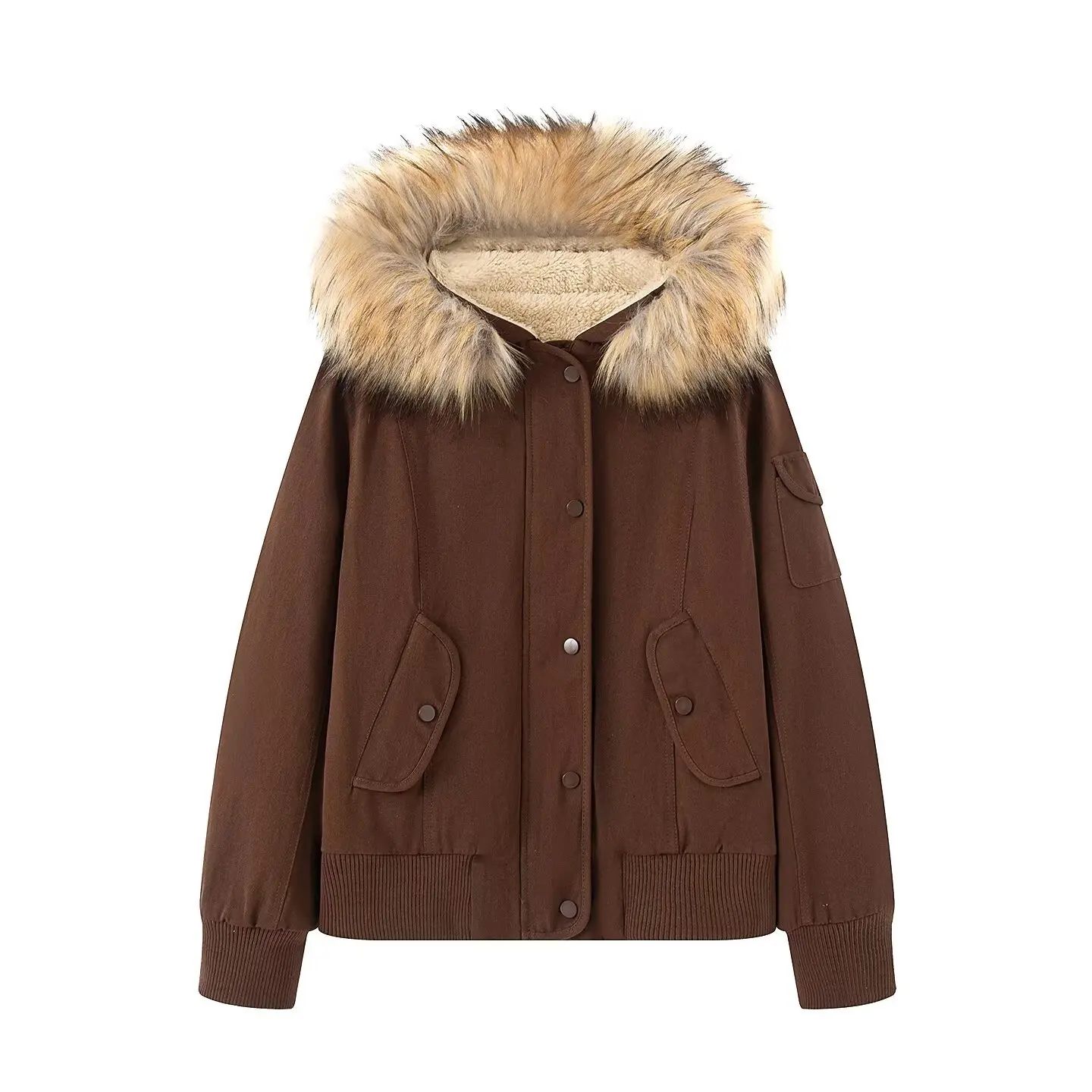 Chaqueta de Trabajo para Mujer con Cuello Grande de Piel, Abrigo con Capucha Marrón, Estilo Versátil, Moderno y Único para Mujer 7X8N