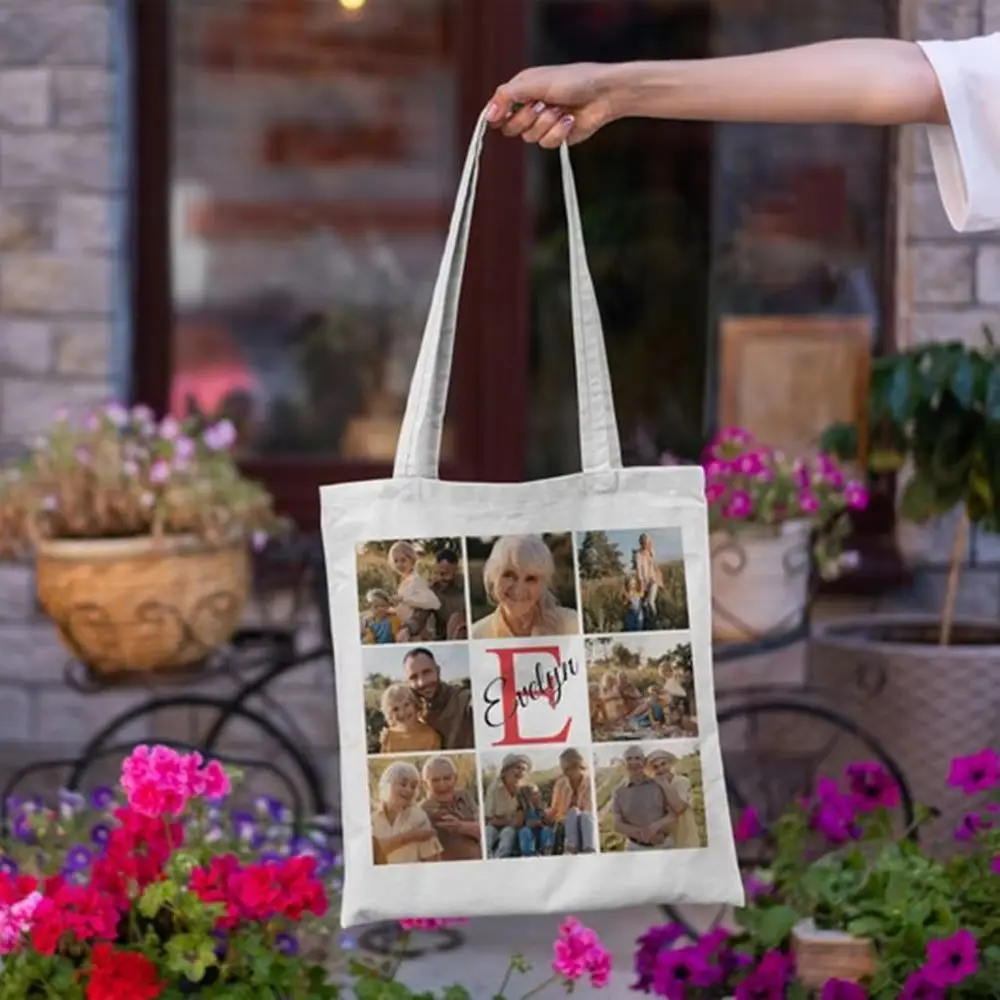 Market Shopper Canvas Tote Bag Custom Photo Print Local Collage Personalized Photo Fresh Produce Food Bulk Buy Gift