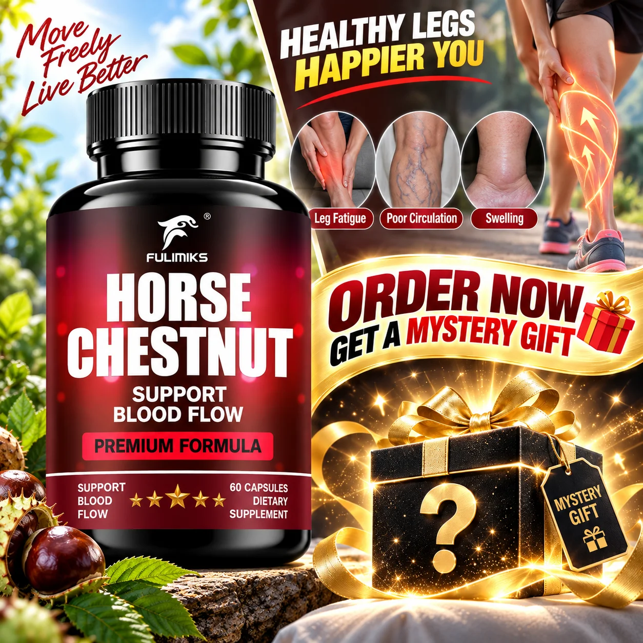 Horse Chestnut Supplement, Support Blood Flow, Leg Vein Health, Relieve Leg Heaviness & Swelling, for Men Women