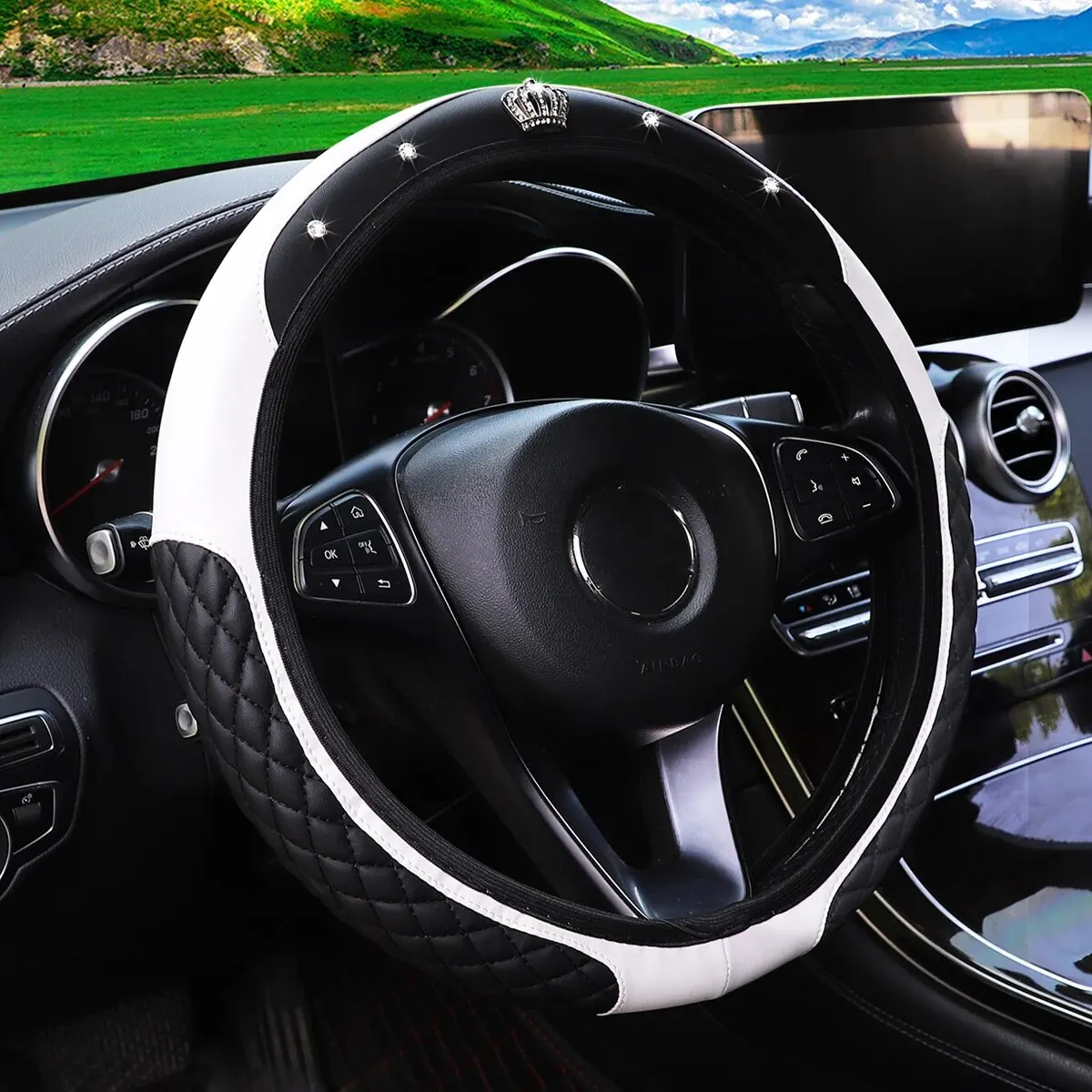 Leather Artificial Diamond Crown Car without Inner Ring Steering Wheel Cover Car Accessories Steering Wheel Size 14.5-15INCH