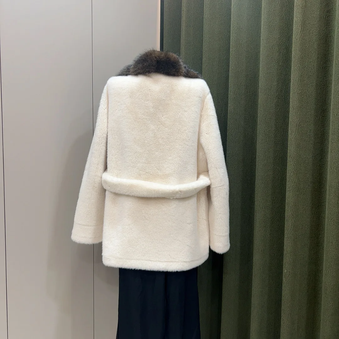 Women Faux Fur Mid Length Coats Jackets Turn Down Collar Lace Up Tight Waist Coat Thick Warm Y2k Streetwear Jacket Autumn Winter