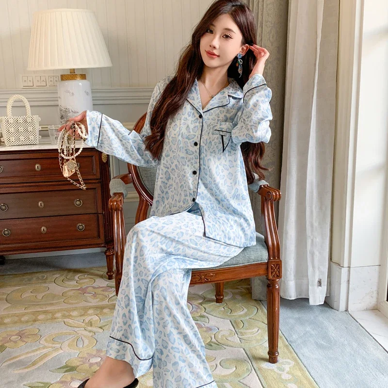 Leopard Print Two Piece Set Pajamas for Women 2024 New Spring Simulated Silk Housewear Korean Ins Style Casual Female Lounge Y2k