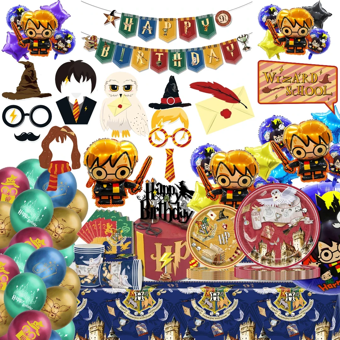 Cute Harry Potter Birthday Party dinnerware Disposable Banner Cake Topper Hanging Flag Harry Potter Balloons Birthday Decoration