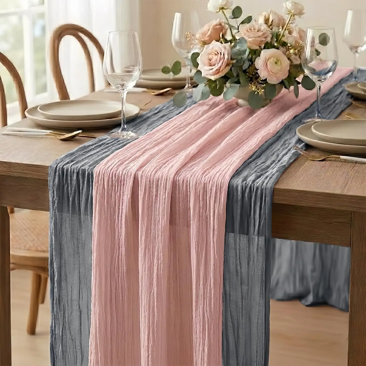 2pcs Dusty Blue Pink Boho Rustic Cheesecloth Table Runners for Wedding Birthday Bridal Baby Shower Party Home Decorations