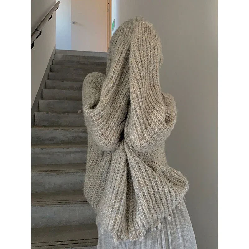 Streetwear Cardigan lavorato a maglia con cappuccio donna Y2K maglione strappato corto maglieria oversize coreana Harajuku Zipper Jumpers Coat Tops