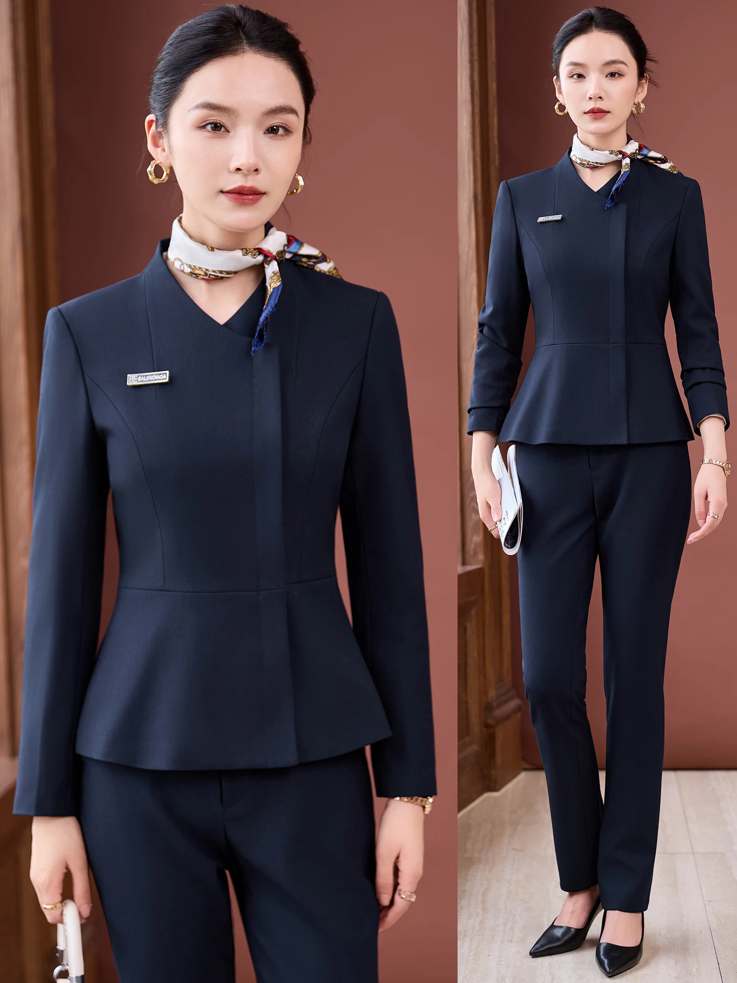 Blue Professional Women's Suit Set for Spring Autumn Beauty Salon Front Desk Reception Workwear Jewelry Store Uniform