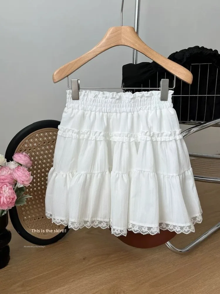 

Ballet Style Ruffle Hem Short Skirt Women's Elegant Cake Short Skirt Summer Spicy Girl White A-Line Skirt High Waist