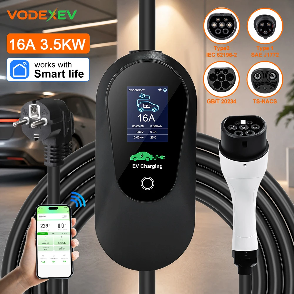 VODEXEV EV Charger Type2 16A 3.5kW Portable Charging Box 5M Cable GBT Socket Type1 Tesla Adapter for EV Car Charger