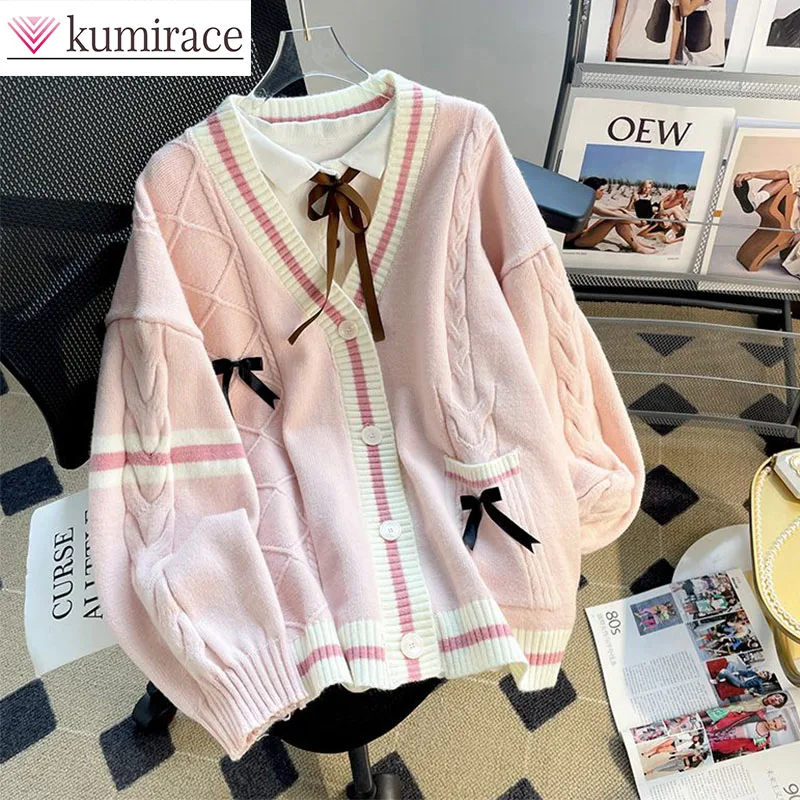 

Bow Tie Sweater Jacket Women's Autumn and Winter Loose 2024 New Lazy Style Japanese Knitted Cardigan for Reducing Age Cardigan